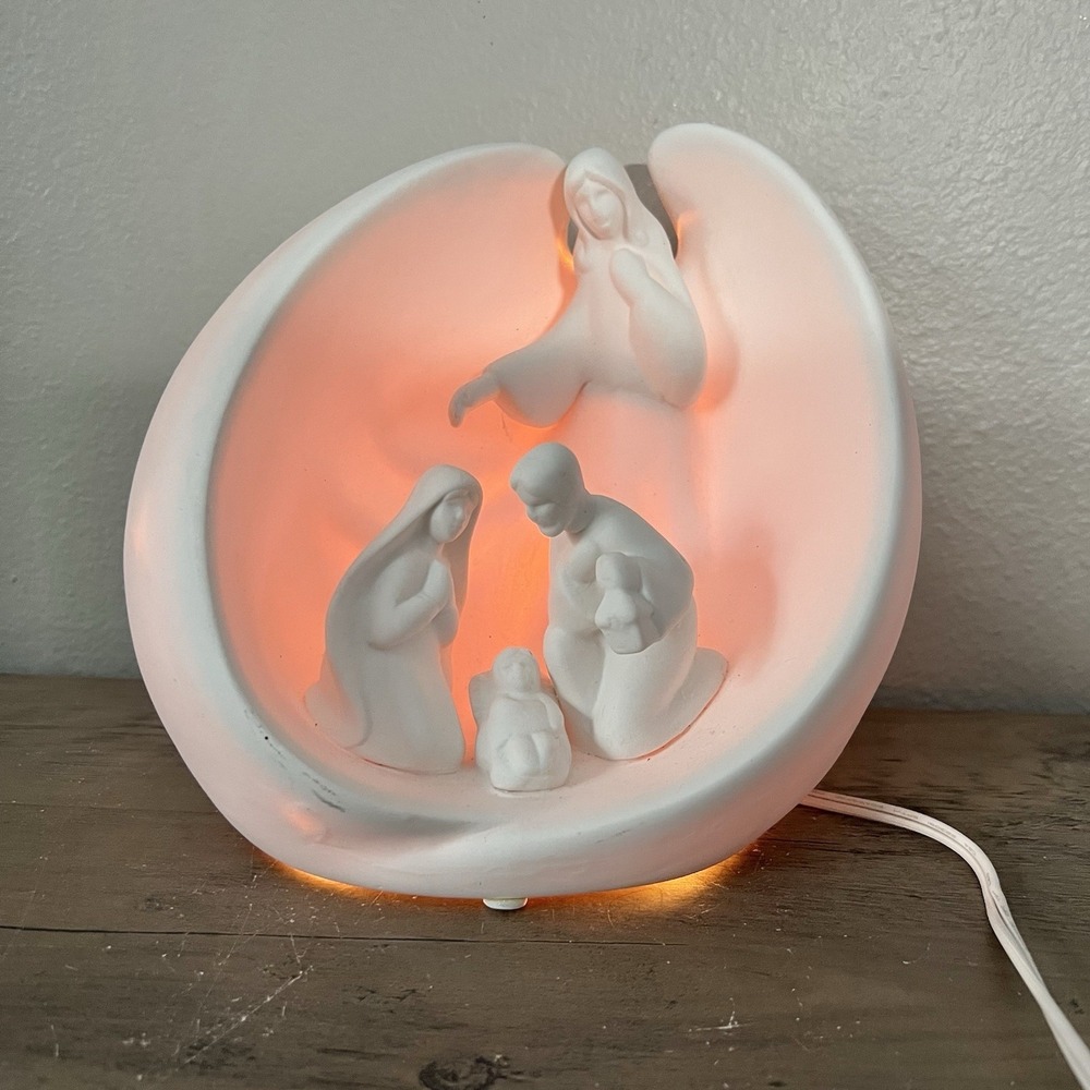 Lighted Ceramic Holy Family Nativity‎ Scene White Bisque Porcelain Christmas